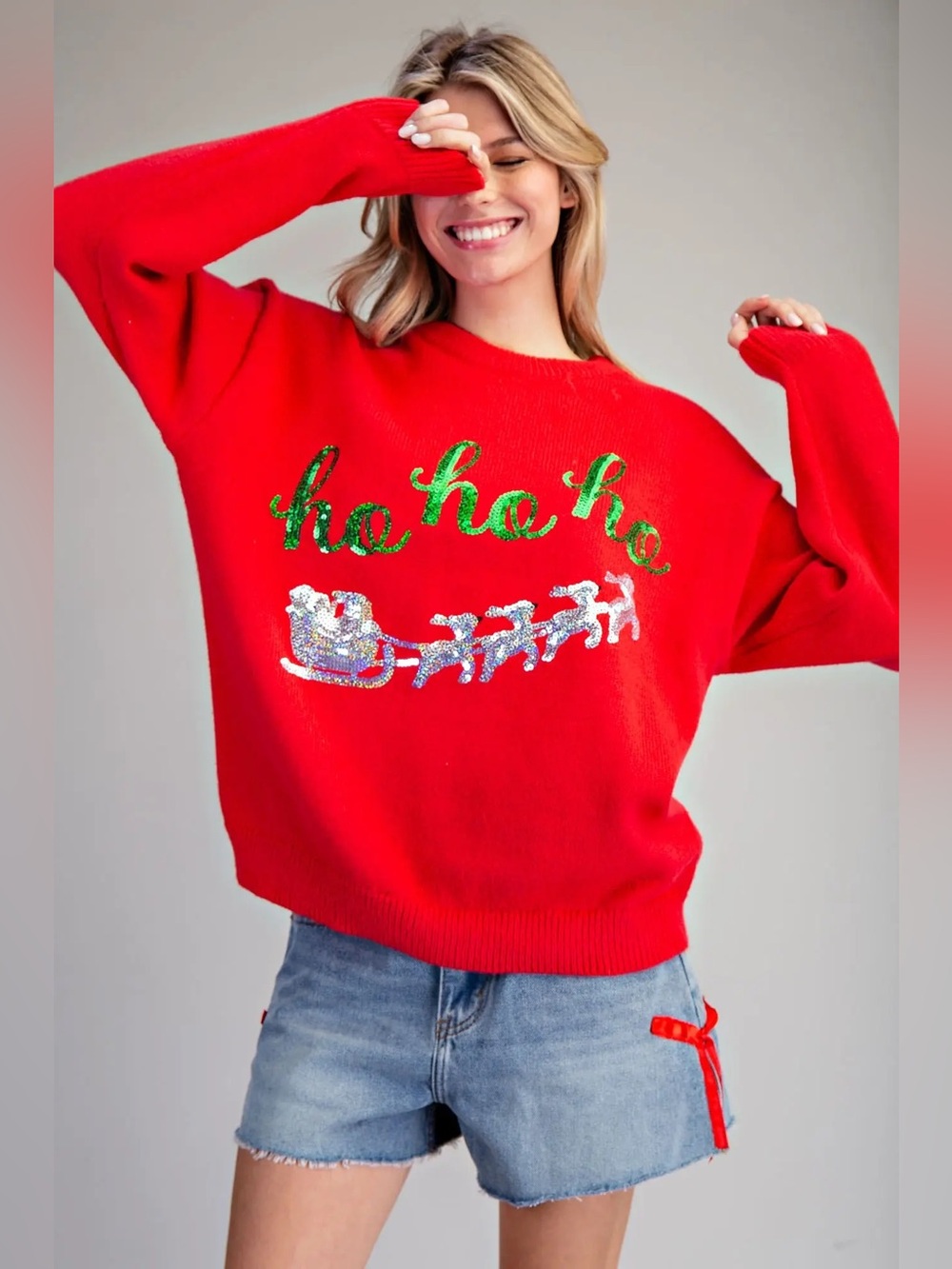 Ee:some Sequin Santa Sleigh Long Sleeve Red Sweater